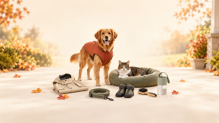 Dog and cat with cozy fall pet essentials