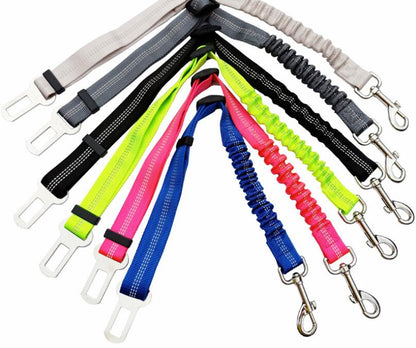 Adjustable reflective dog seat belt included in the Night Walk and Travel Dog Kit
