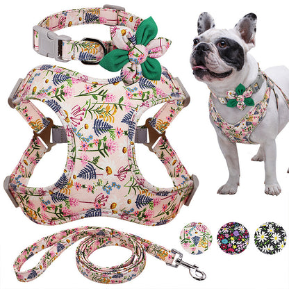 Flower Printed Dog Collar Harness Leash Set Nylon Small Medium Large Dogs Harness Vest Collar Leashes For Chihuahua Puppy Pet