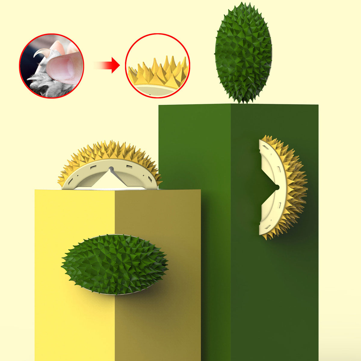Durian Cat Brush, Dog Cat Self Groomer, Wall Corner Scratcher Massage Combs Durian Shape Molars Eat Slowly Toys Multifunctional Scratch Massager Tool Pets Clean Teeth Healthy Toys — product detail