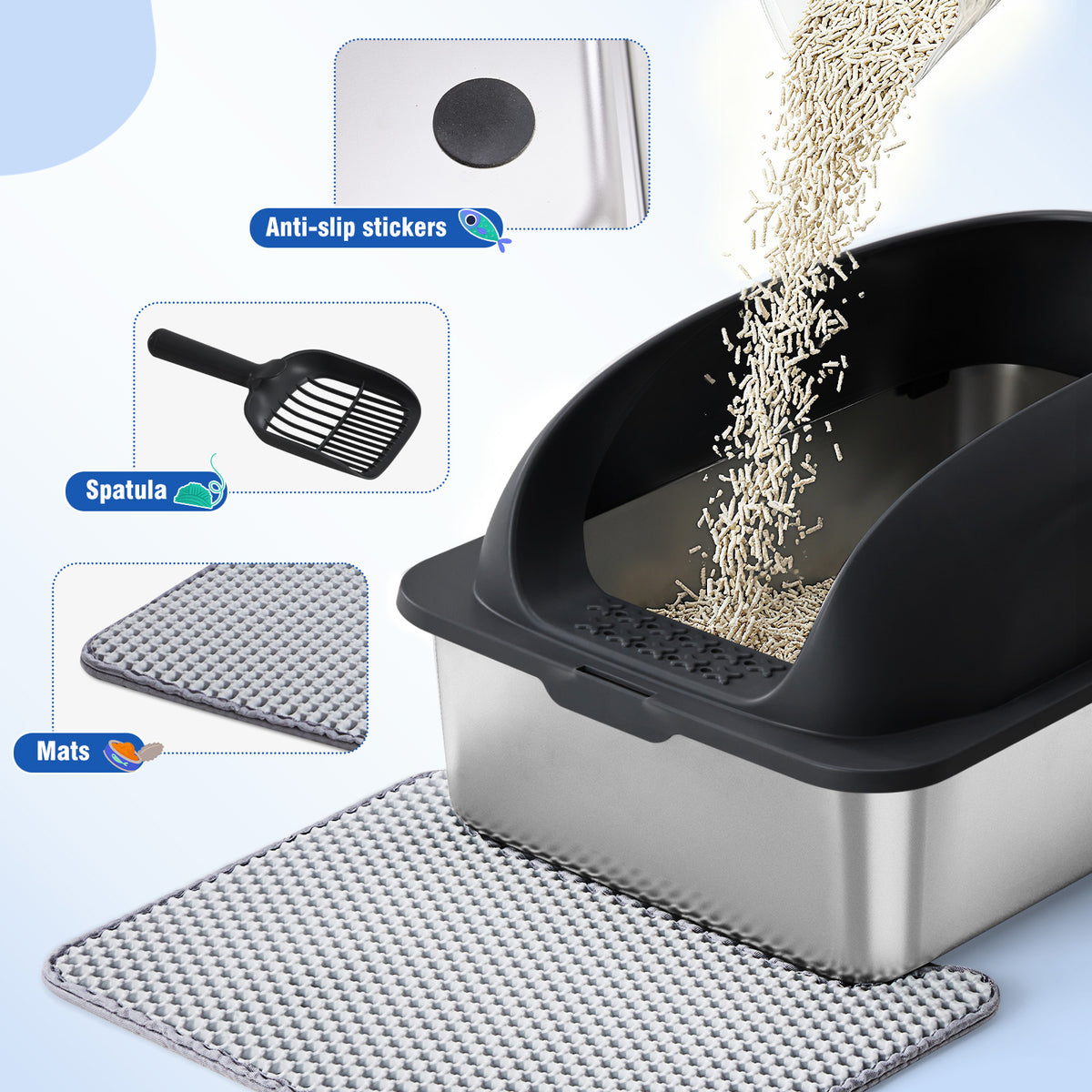 Stainless Steel Litter Box with Scoop and Mat – supplier product photo