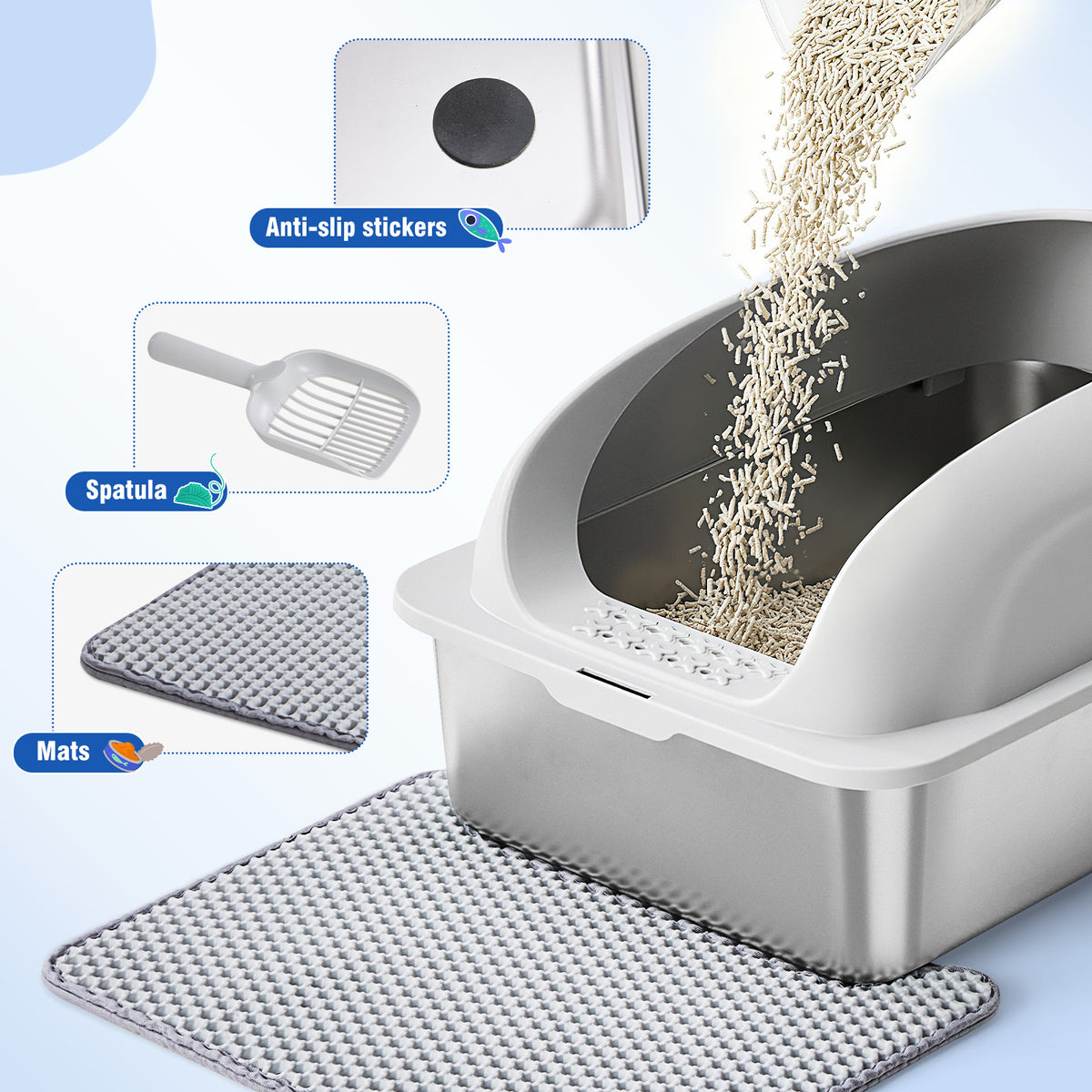 Stainless Steel Litter Box with Scoop and Mat – supplier product photo